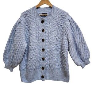 Who What Wear Sweater Womens 1X Blue Wool Blend Chunky Knit Button Cardigan Puff